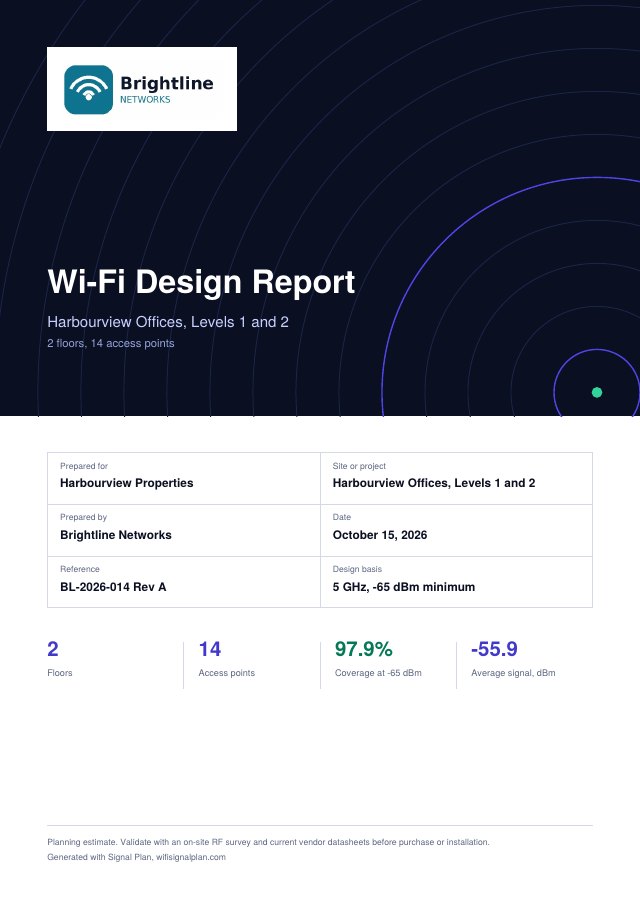 Cover page of a Signal Plan Pro design report with a company logo